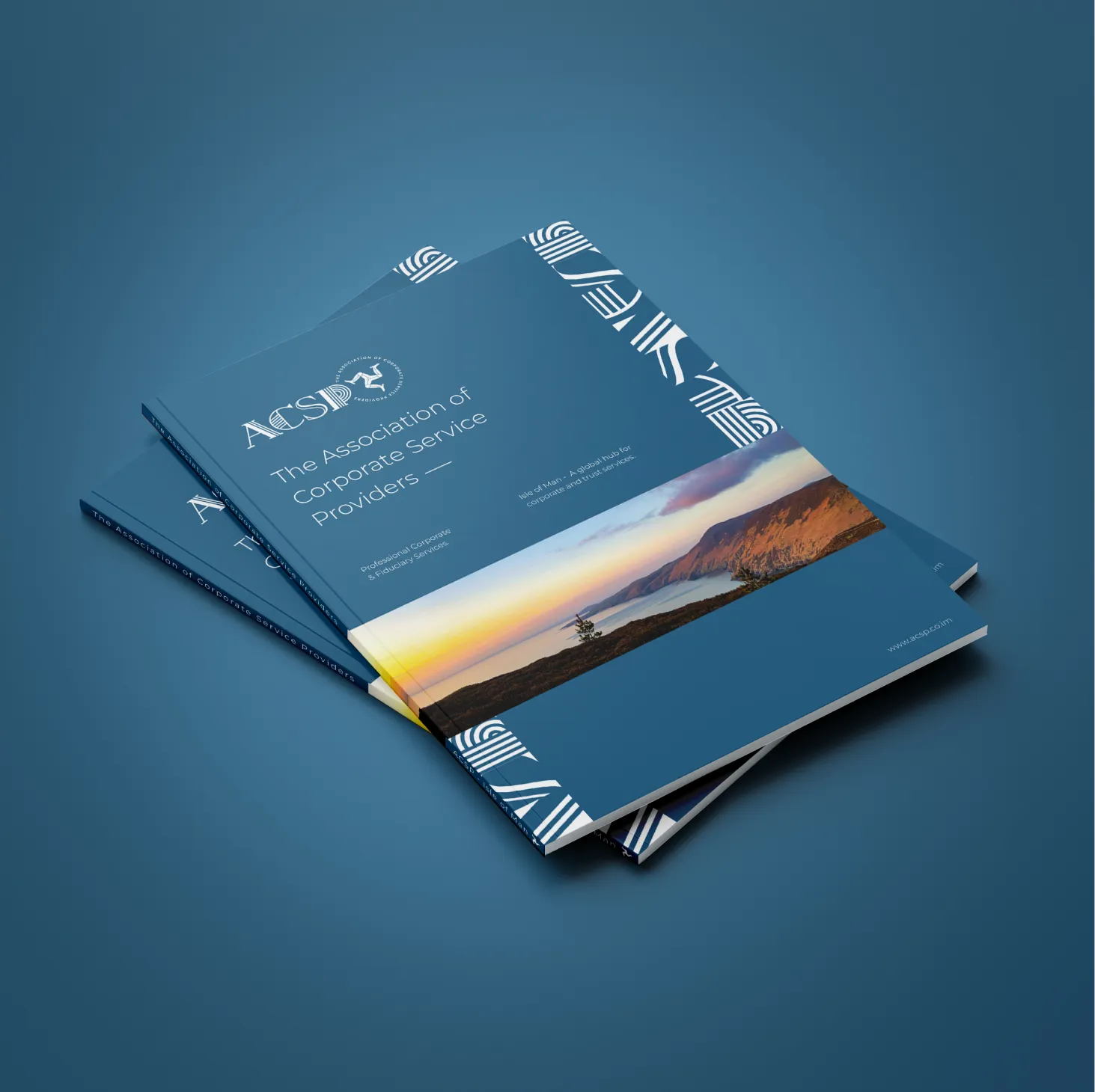 ACSP printed brochure mockup designed by DotPerformance, showing the Association of Corporate Service Providers cover with Isle of Man landscape photography